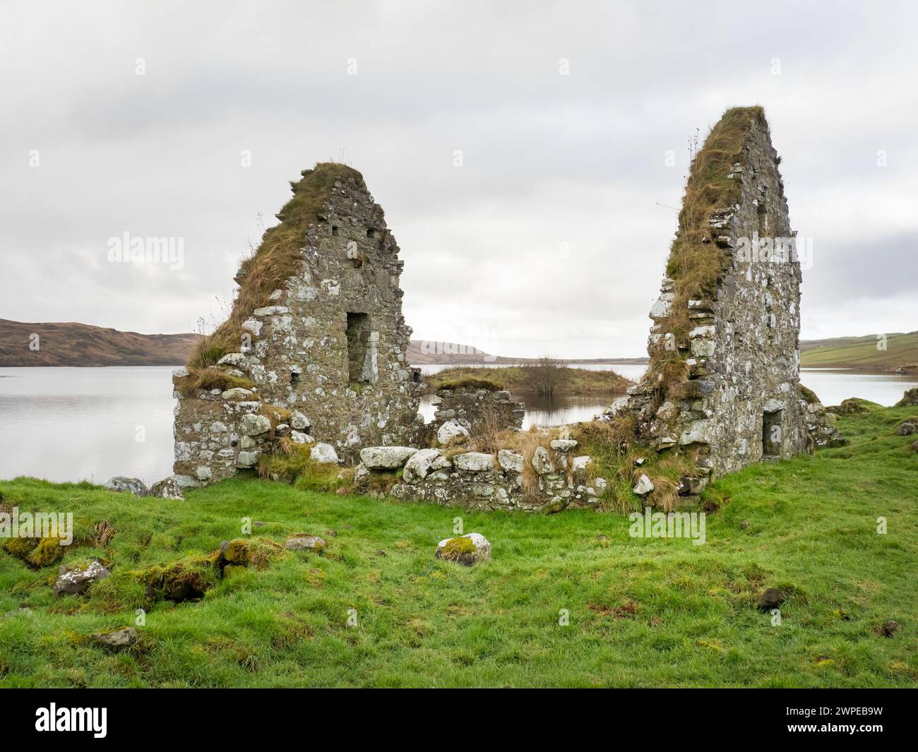 Ancient building remains at Loch Finlaggan on the island that was the seat of the Lords of the Isles, Islay, Scotland, UK. Stock Photo