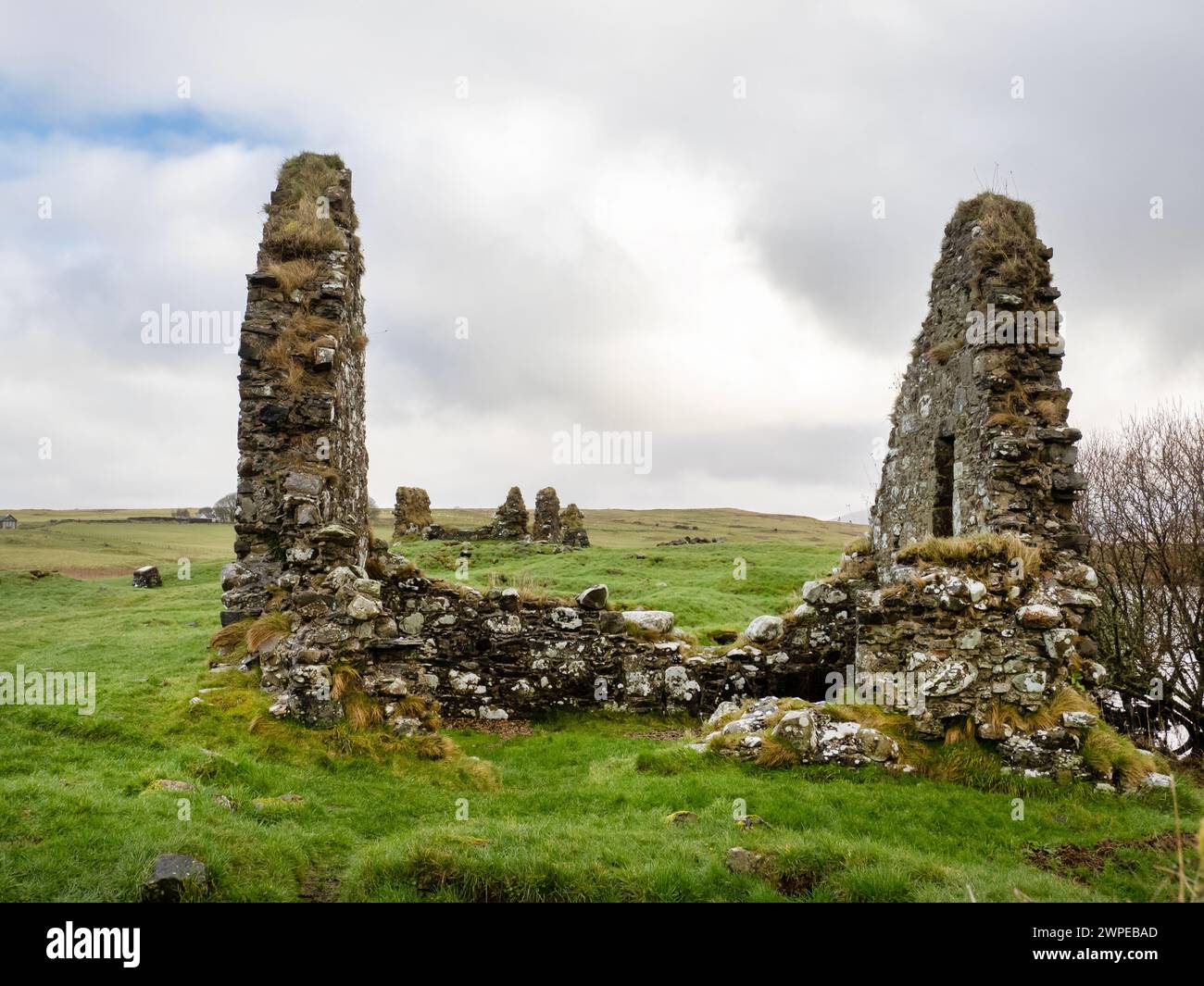 Ancient building remains at Loch Finlaggan on the island that was the seat of the Lords of the Isles, Islay, Scotland, UK. Stock Photo
