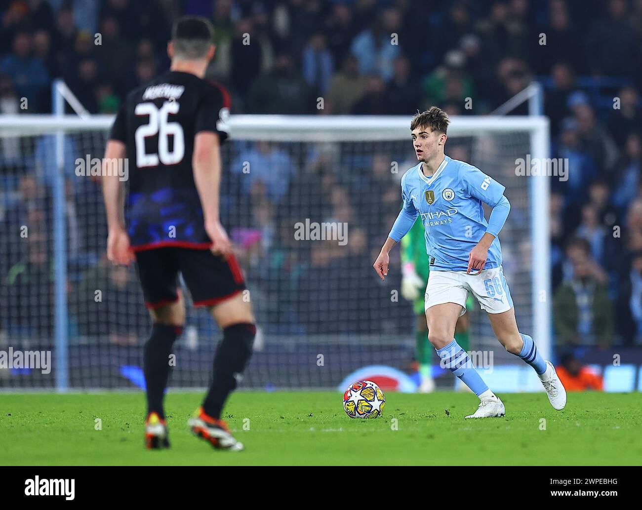 Jacob Wright of Manchester City during Manchester City v F.C. Copenhagen football match, UEFA Champions  League, Round of 16, Second Leg, Football, Etihad Stadium, Manchester. Credit : Michael Zemanek Stock Photo