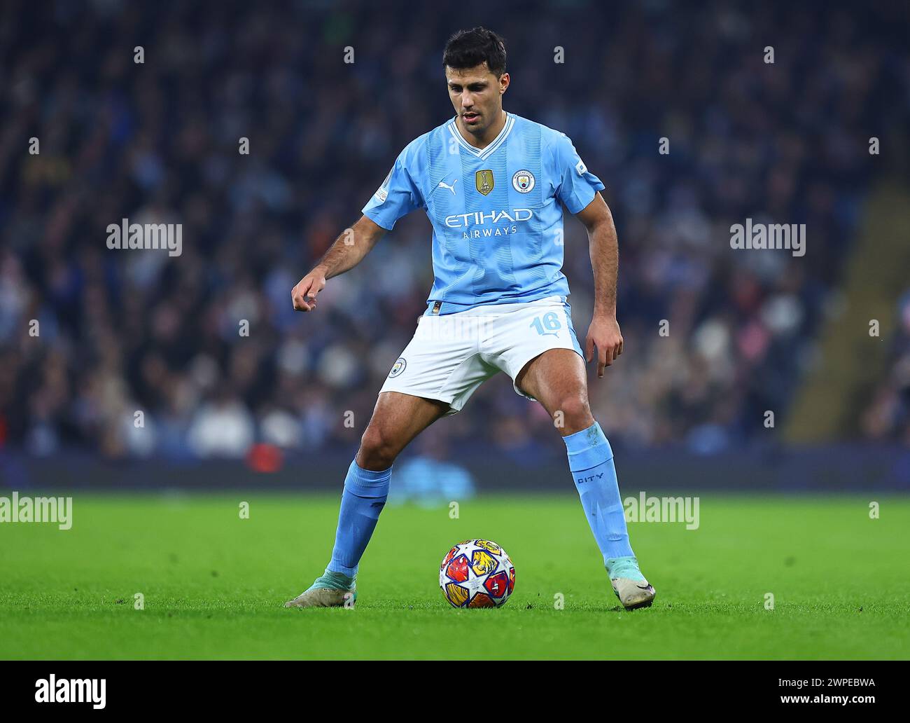 Rodri of Manchester City  during Manchester City v F.C. Copenhagen football match, UEFA Champions  League, Round of 16, Second Leg, Football, Etihad Stadium, Manchester. Credit : Michael Zemanek Stock Photo