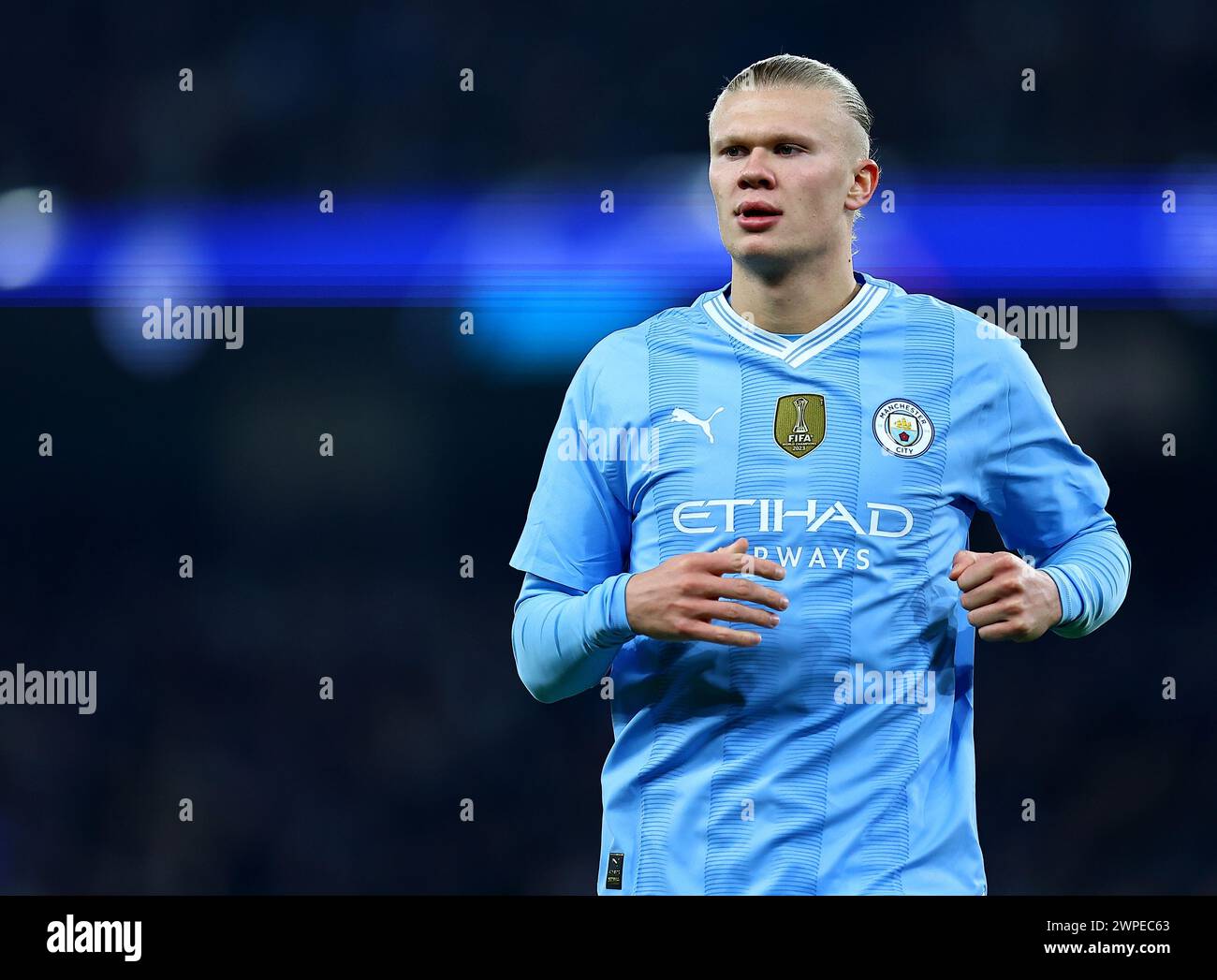 Erling Haaland of Manchester City  during Manchester City v F.C. Copenhagen football match, UEFA Champions  League, Round of 16, Second Leg, Football, Etihad Stadium, Manchester. Credit : Michael Zemanek Stock Photo