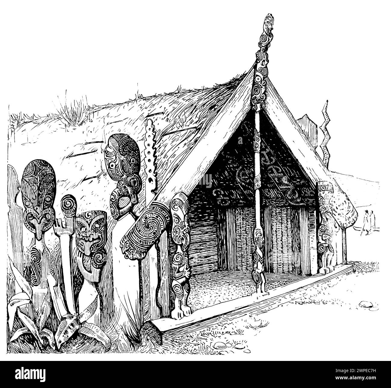 Maori Maketu House, at Otawahu, line drawing by CJ Praetorius, from 1901 Studio Magazine Stock Photo