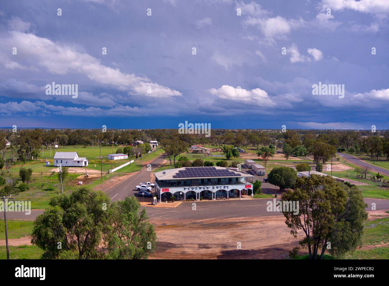 Aerial of the Federal Hotel Wallumbilla a rural town and locality in the Maranoa Region, Queensland, Australia Stock Photo