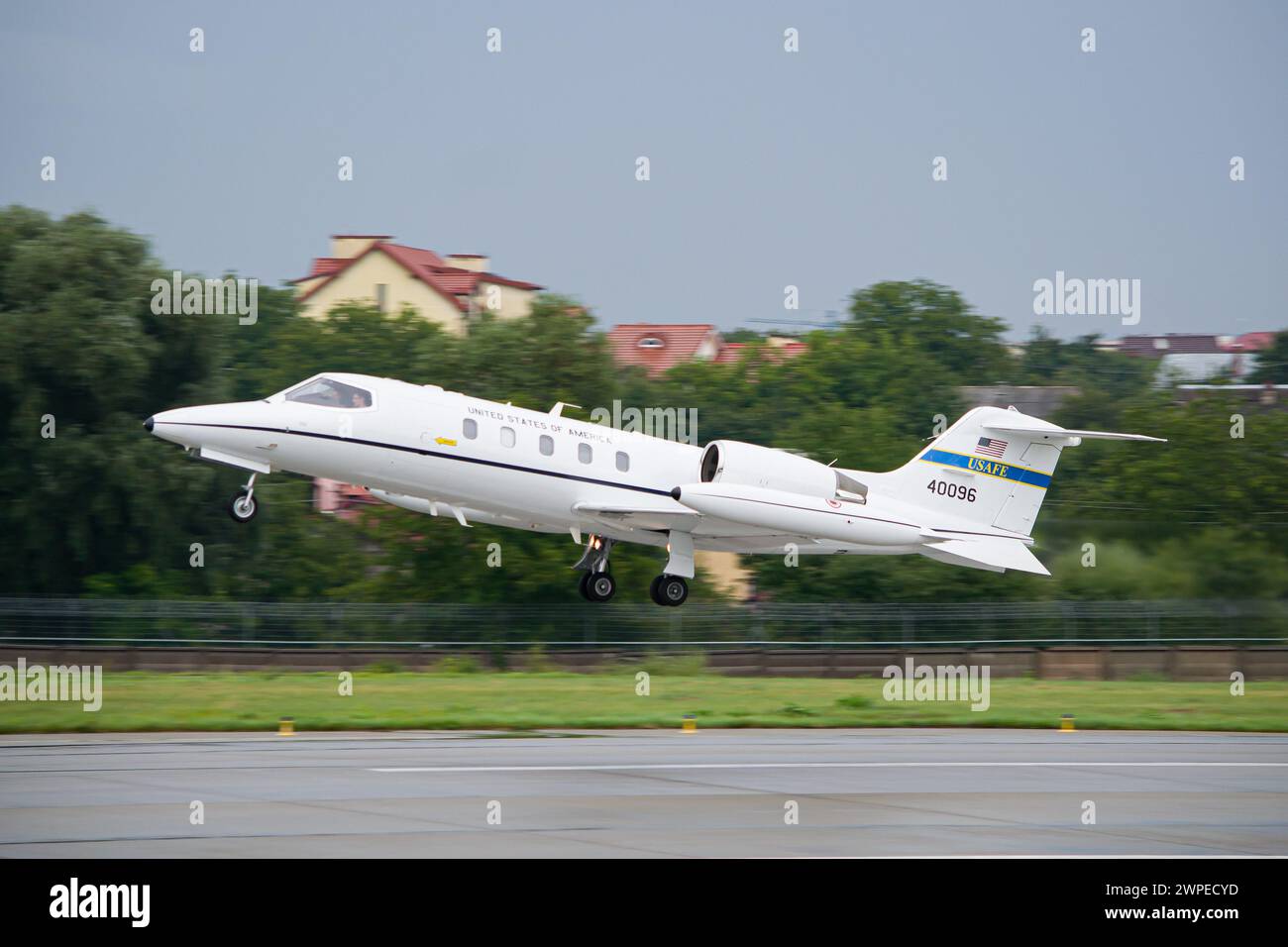 United States Air Force in Europe Learjet C-21A (Learjet 35A) taking off from Lviv Stock Photo