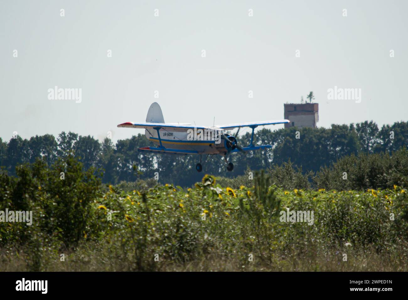 Private Antonov An-2 aircraft coming for a landing in Zhytomyr Stock Photo