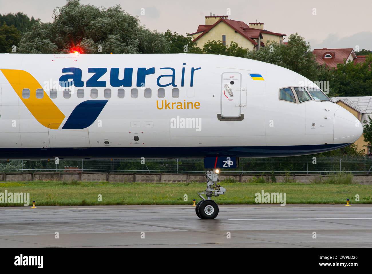 Ukrainian airline's Azur Air Ukraine Boeing 757-300 close-up while taxiing for takeoff in Lviv Airport Stock Photo