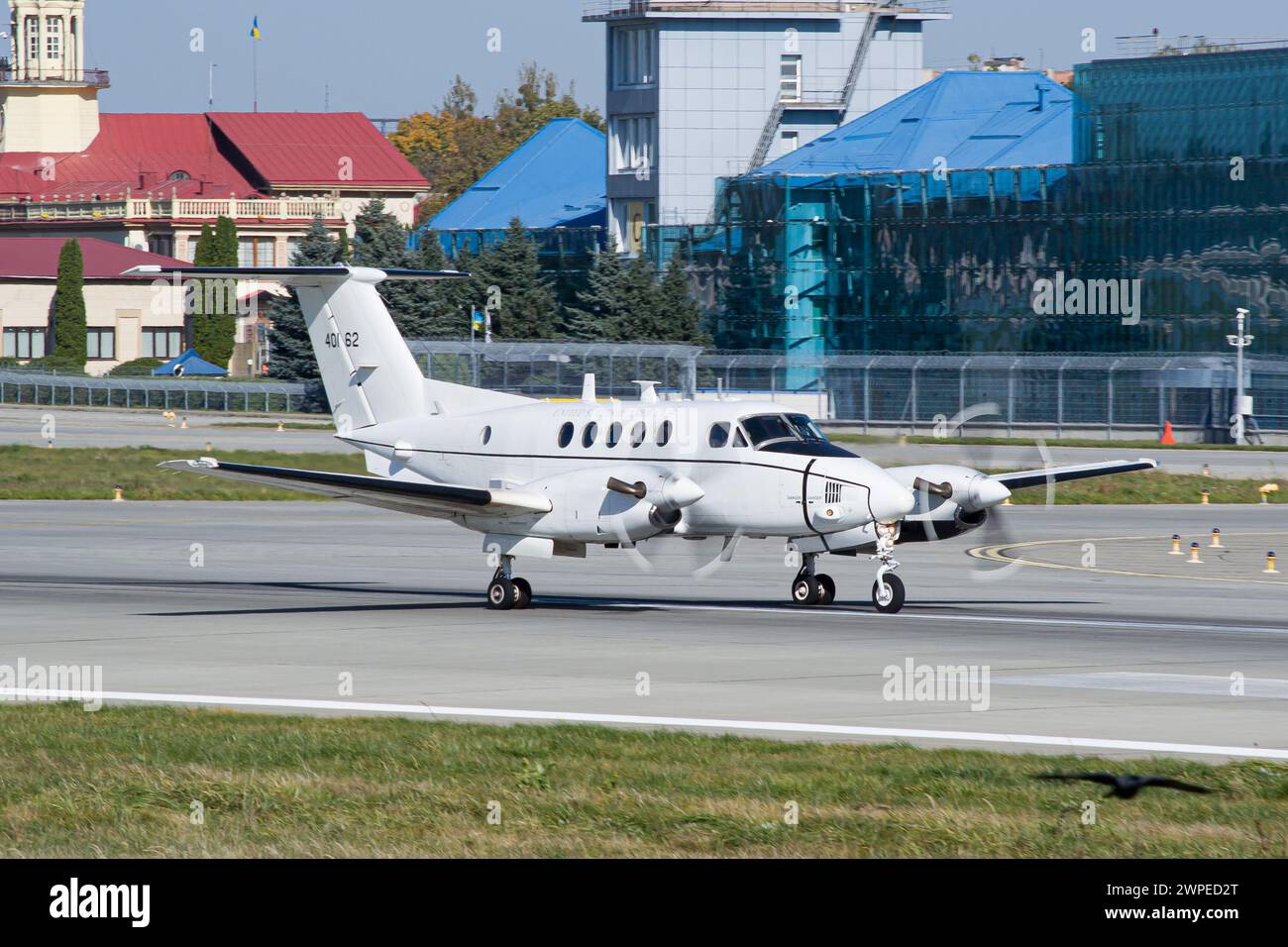 US Air Force private Beech C-12U Huron slowing down after landing in Lviv Stock Photo