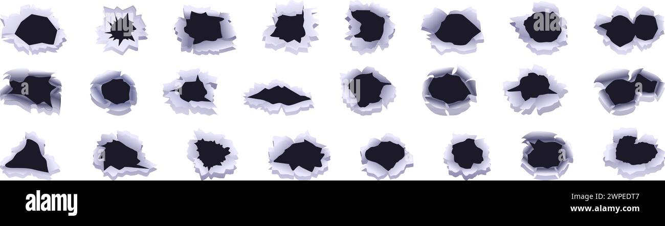 Torn hole icons set cartoon vector. Ragged round. Crack steel sheet ...