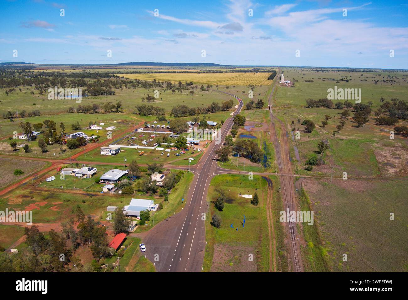 Aerial of small village on the Warrego Highway Muckadilla Queensland Australia Stock Photo
