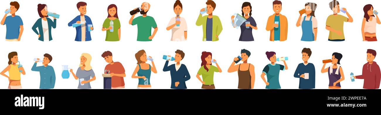 Thirsty people drinking icons set cartoon vector. Bottle glass filter. Person mom drink Stock Vector