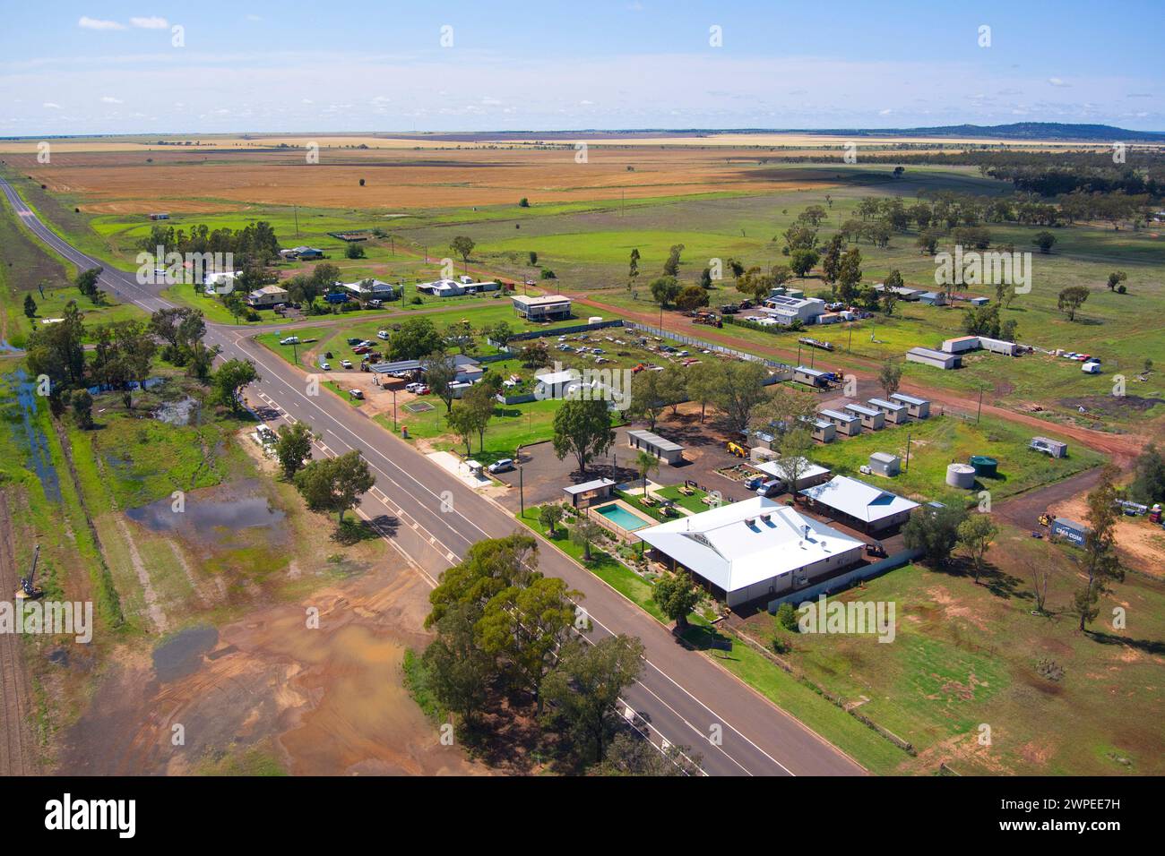 Aerial of the Mucka Hotel on the Warrego Highway Muckadilla Queensland Australia Stock Photo