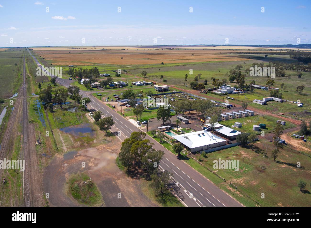 Aerial of the Mucka Hotel on the Warrego Highway Muckadilla Queensland Australia Stock Photo