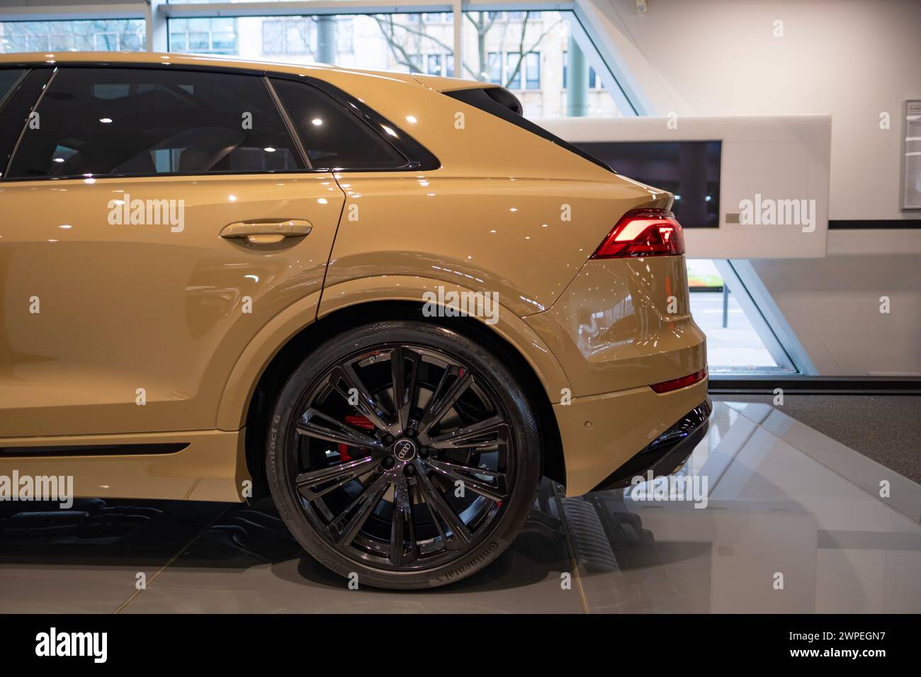 yellow new stylish electric Audi SQ8 all-wheel drive sports crossover K3 class, German Volkswagen Group, automotive industry, Sustainable Transportati Stock Photo