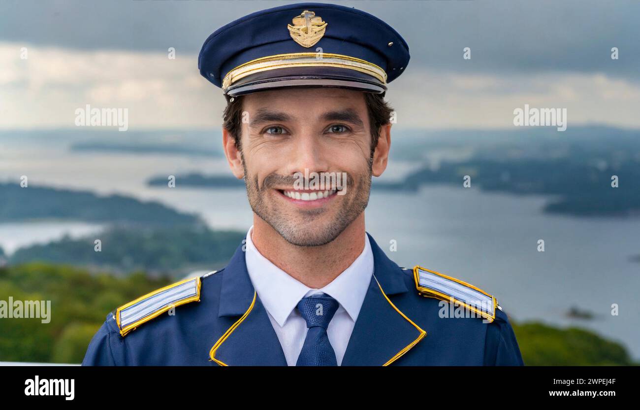 KI generiert, Ein attraktiver Pilot freut sich auf seinen Flug Stock