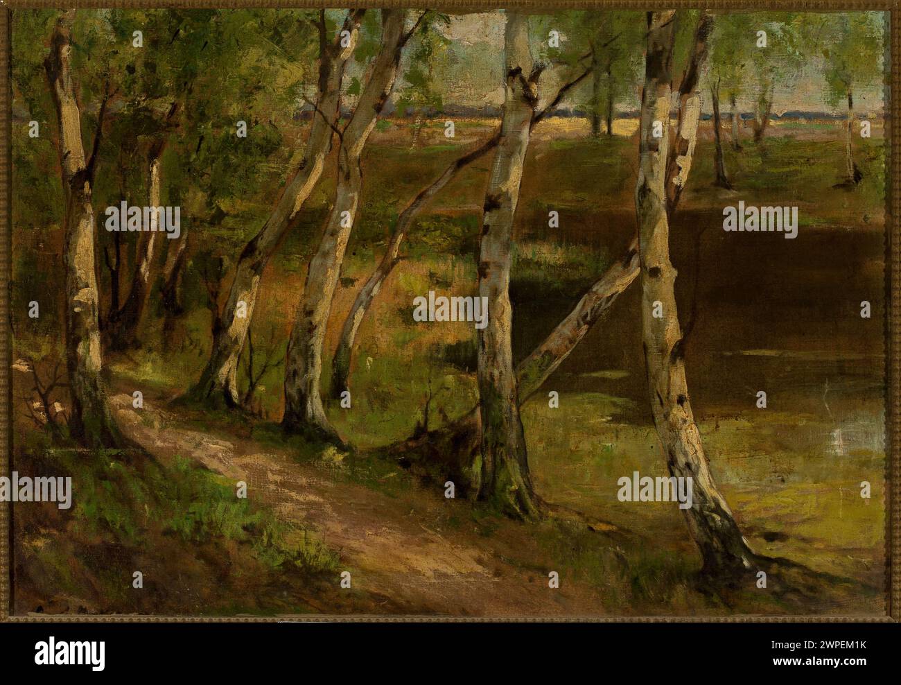 A 19th-century landscape by Curt Agthe depicting birches reflected over ...