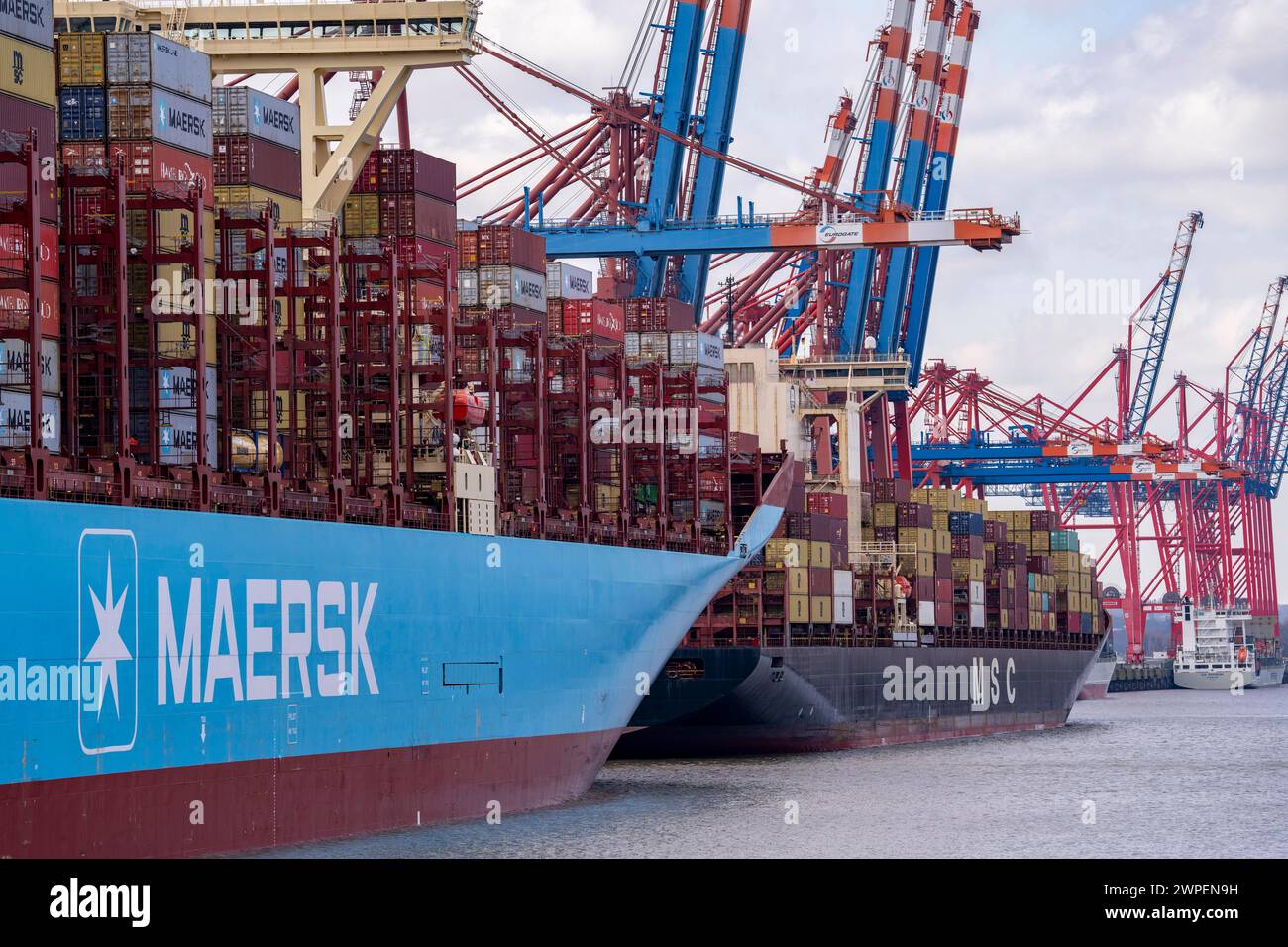 Magleby Maersk Container Frachter im EUROGATE Container Terminal, Waltershofer Hafen, gehört zu den größten Containerschiffen der Welt , Kapazität von 18,270 TEU, Triple E Klasse, MSC Containerfrachter, Hamburg, Deutschland Containerschiff *** Magleby Maersk container freighter at EUROGATE Container Terminal, Waltershofer Hafen, is one of the largest container ships in the world, capacity of 18,270 TEU, Triple E class, MSC container freighter, Hamburg, Germany Container ship Stock Photo