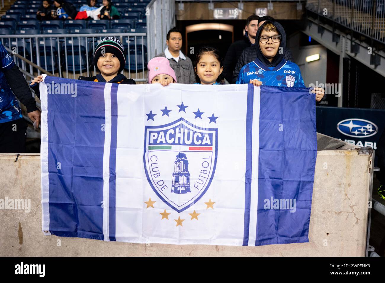 Chester, Pennsylvania, USA. 05th Mar, 2024. Pachuca fans hold a flag priorate a CONCACAF Champions Cup match at Subaru Park in Chester, Pennsylvania. Kyle Rodden/CSM/Alamy Live News Stock Photo