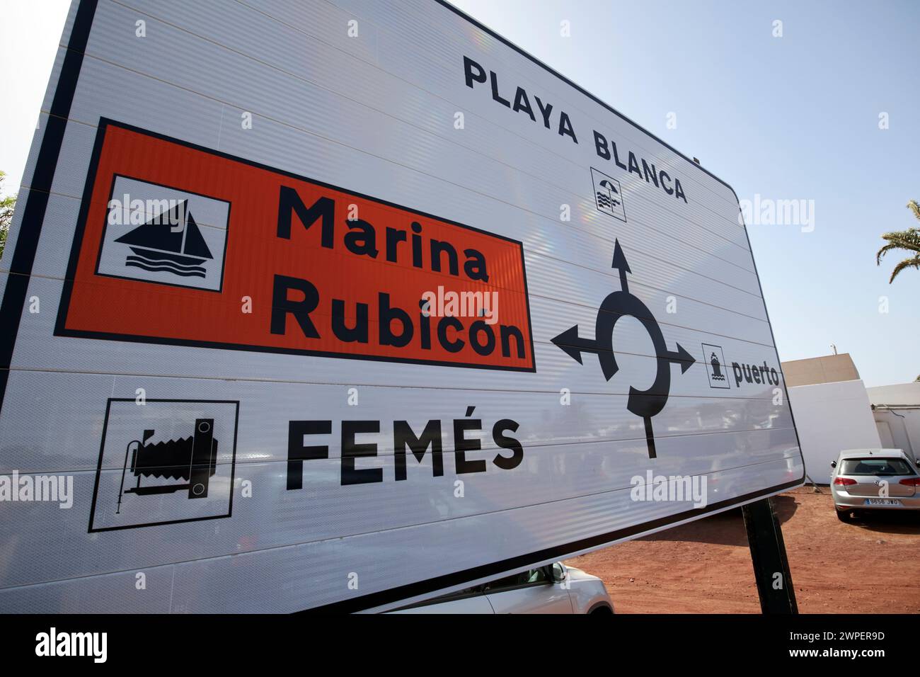 roadsign directions for playa blanca port femes and marina rubicon, Lanzarote, Canary Islands, spain Stock Photo
