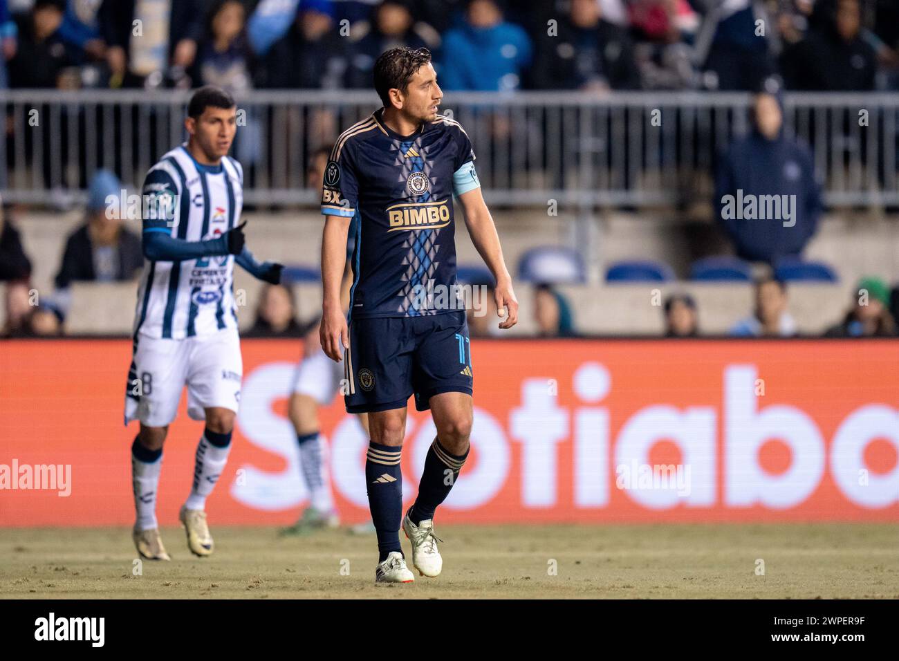 Chester, Pennsylvania, USA. 05th Mar, 2024. Philadelphia Union Midfielder Alejandro Bedoya (11) walks on the field at halftime of a CONCACAF Champions Cup match at Subaru Park in Chester, Pennsylvania. Kyle Rodden/CSM/Alamy Live News Stock Photo
