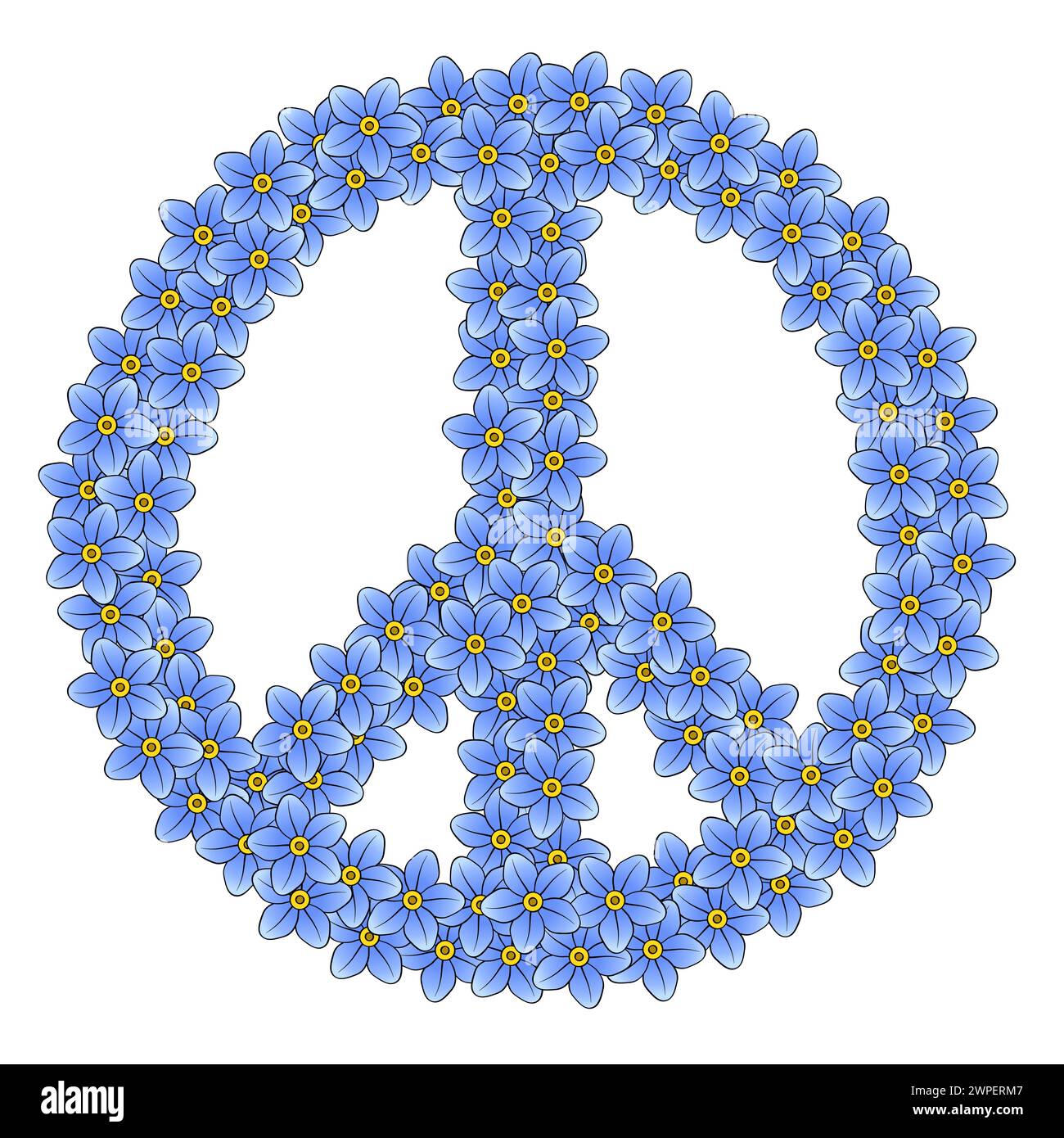 Peace sign made of 111 forget-me-not flowers. Made of 111 randomly arranged blue blossoms, a symbol of the anti-war movement. Stock Photo