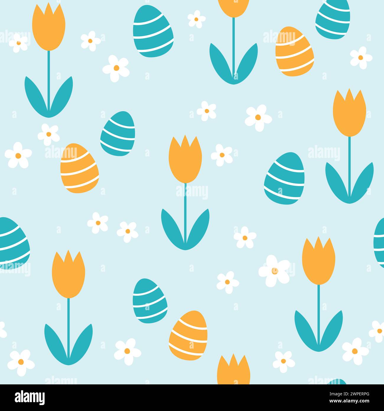 Easter seamless pattern with eggs, tulips and daisies. Vector ...