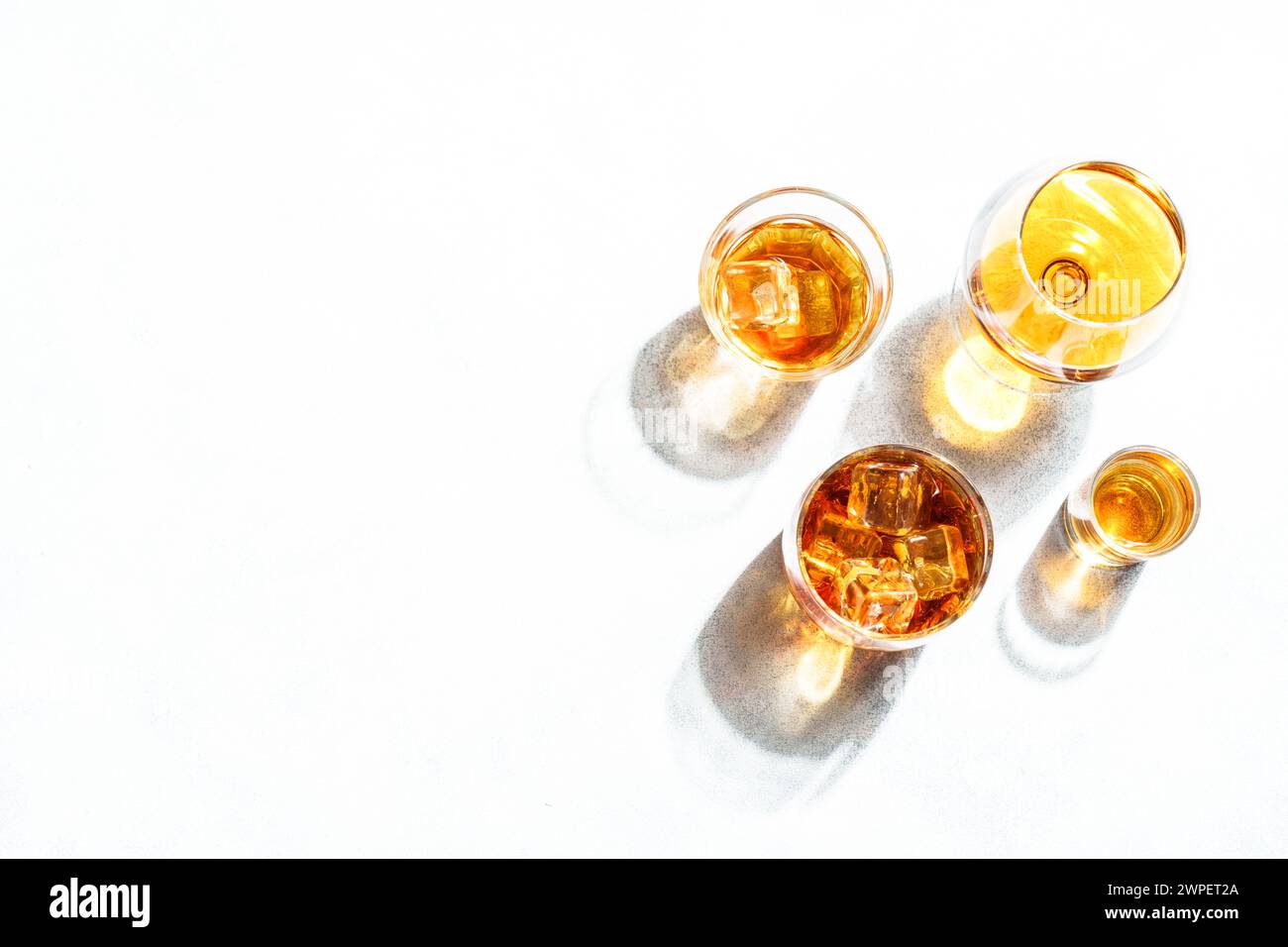 Strong alcohol drink. Whisky, rum, tequila, cognac at white background