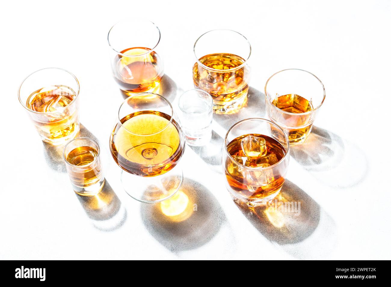 Strong alcohol drink. Whisky, rum, tequila, cognac at white background