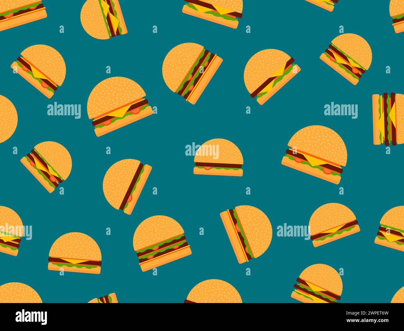 Hamburgers seamless pattern. Cheeseburgers and hamburgers in flat style. Cheeseburger with two cutlets. Bun with sesame seeds, cutlet, cheese and sauc Stock Vector