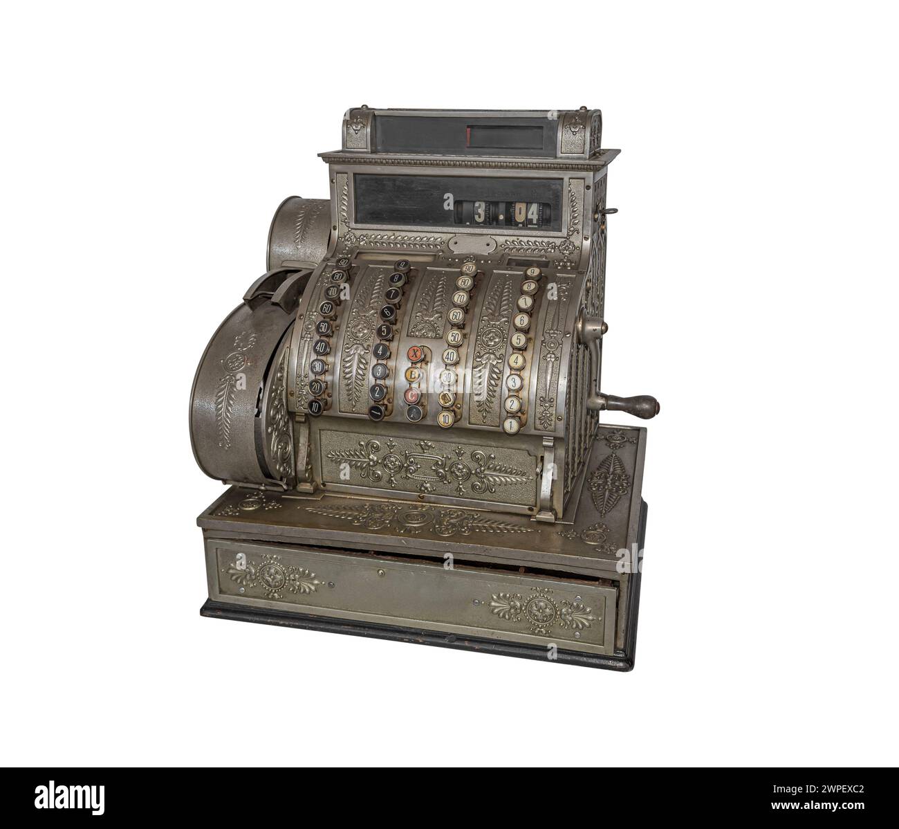 Vintage cash register isolated on white. Stock Photo
