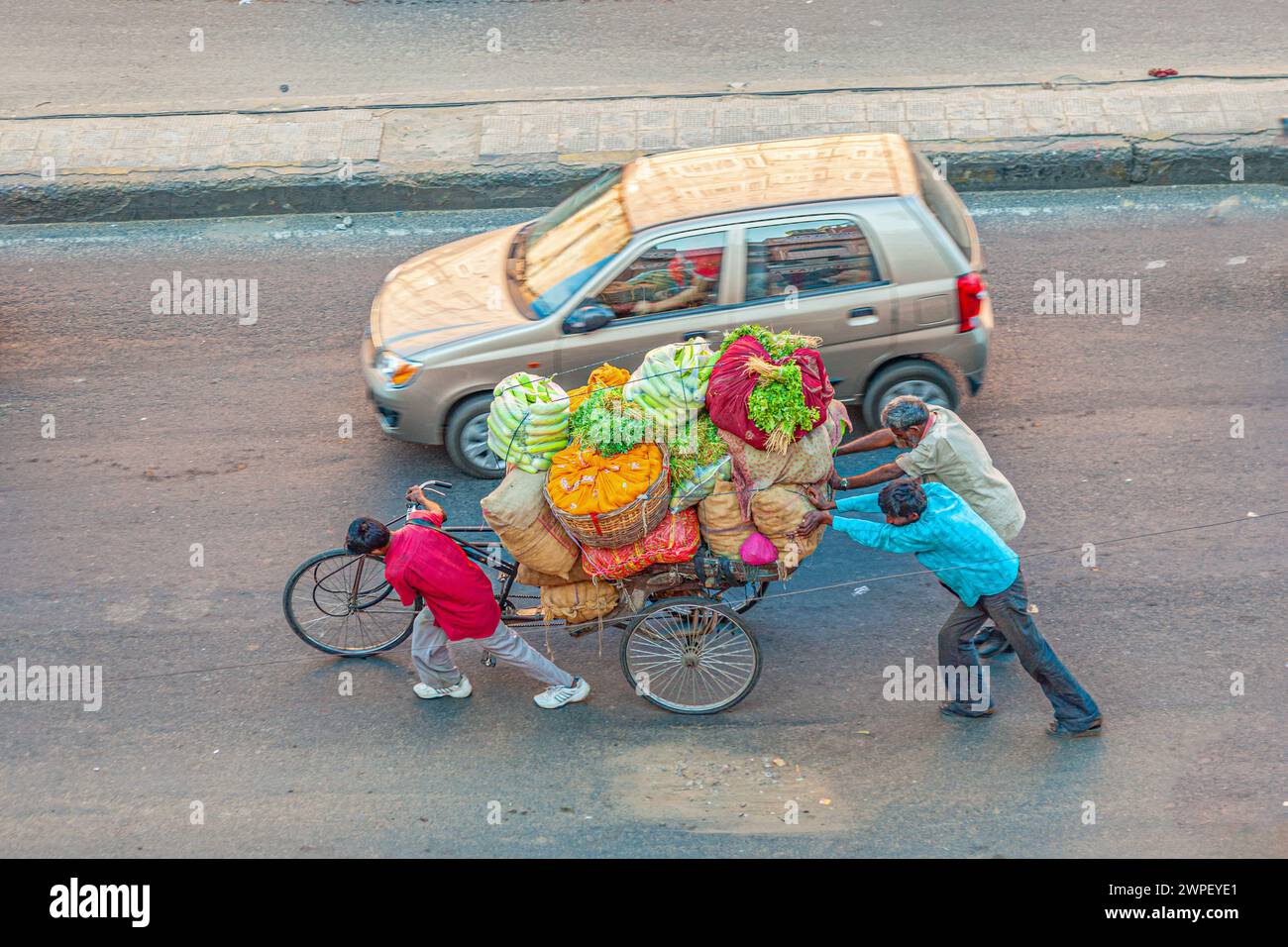 Jaipur, India - November 13, 2011: farmer carry their vegetables in a rickshaw and pull the cart along the main street with the whole family. Stock Photo