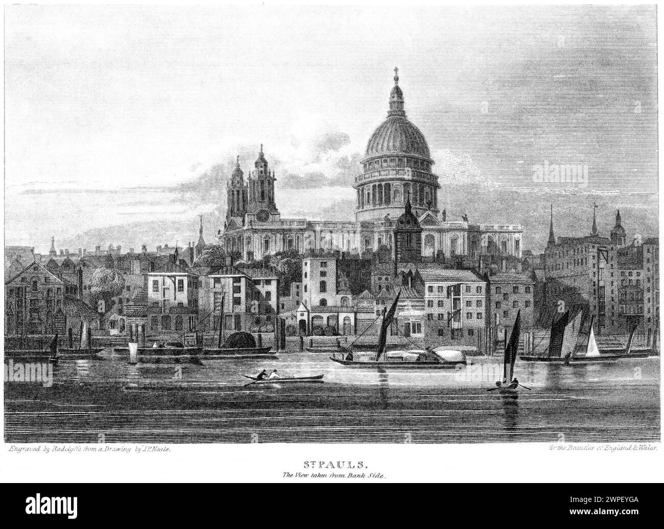 An engraving entitled St Pauls. The View taken from Bank Side, London UK scanned at high resolution from a book published around 1815. Stock Photo