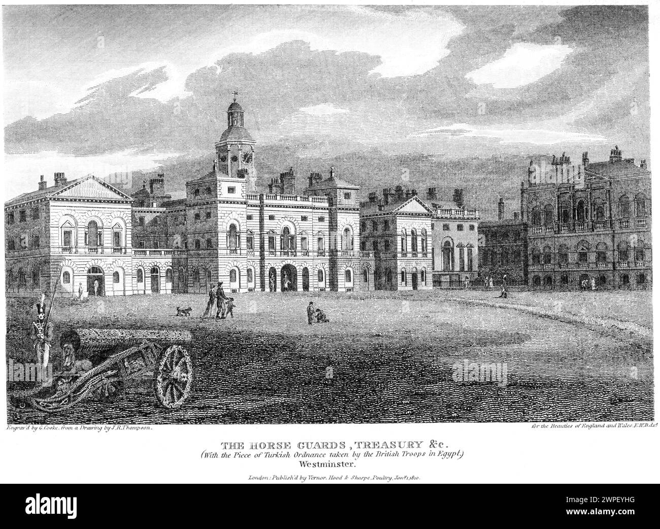 An engraving entitled The Horse Guards, Treasury &c. (With the Piece of Turkish Ordnance taken by the British Troops in Egypt), Westminster, London UK Stock Photo
