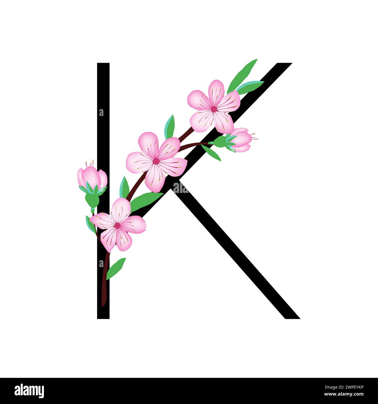 Sakura blossom pink little flower alphabet for design of card or invitation. Vector illustrations, isolated on white background for spring cherry flor Stock Vector