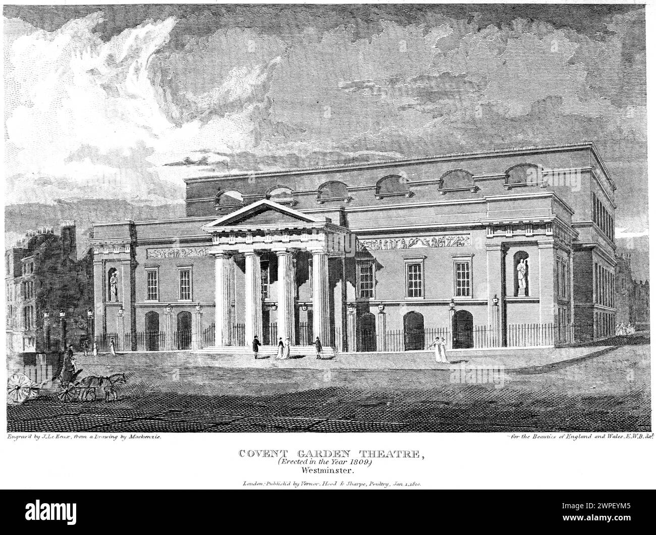 An engraving entitled Covent Garden Theatre (Erected in the Year 1809) Westminster, London UK scanned at high resolution from a book published in 1815 Stock Photo