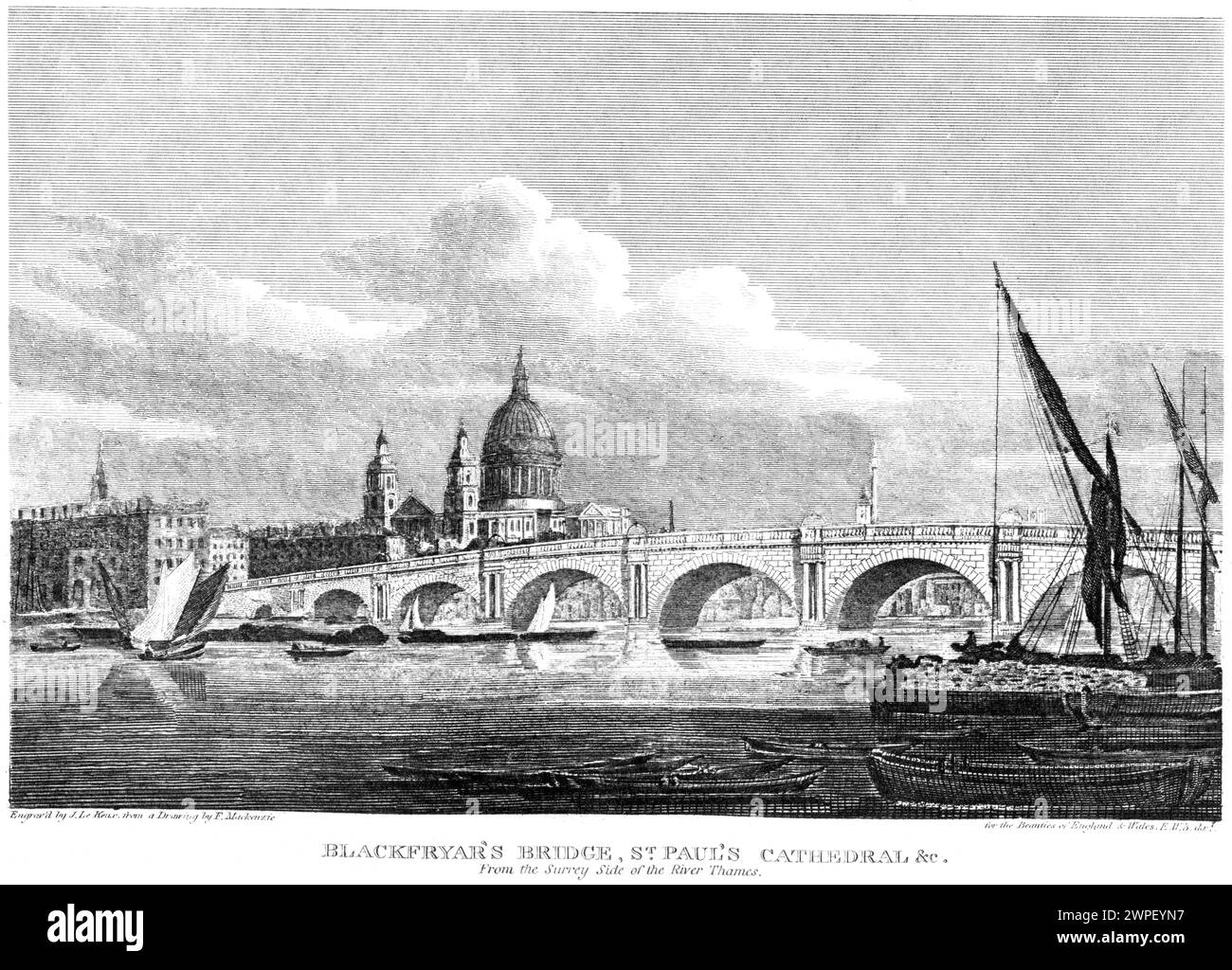 Engraving of Blackfryar's Bridge, St Pauls Cathedral &c. From the Surrey Side of the River Thames, London UK scanned at high res from a book of 1815. Stock Photo