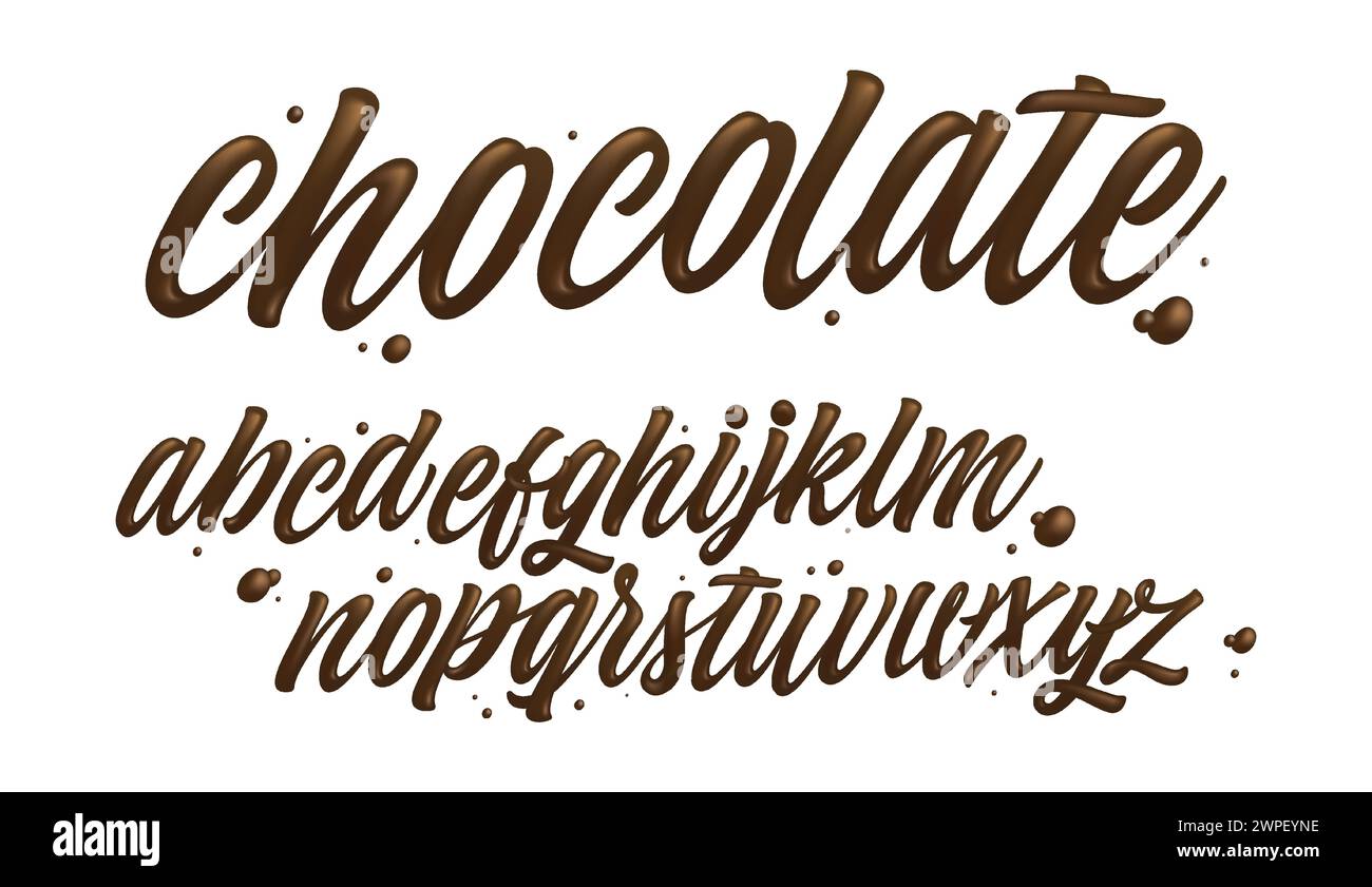 Latin alphabet made of dark melted chocolate with border. Sweet food packaging font. Liquid font style. Vector illustration. Stock Vector