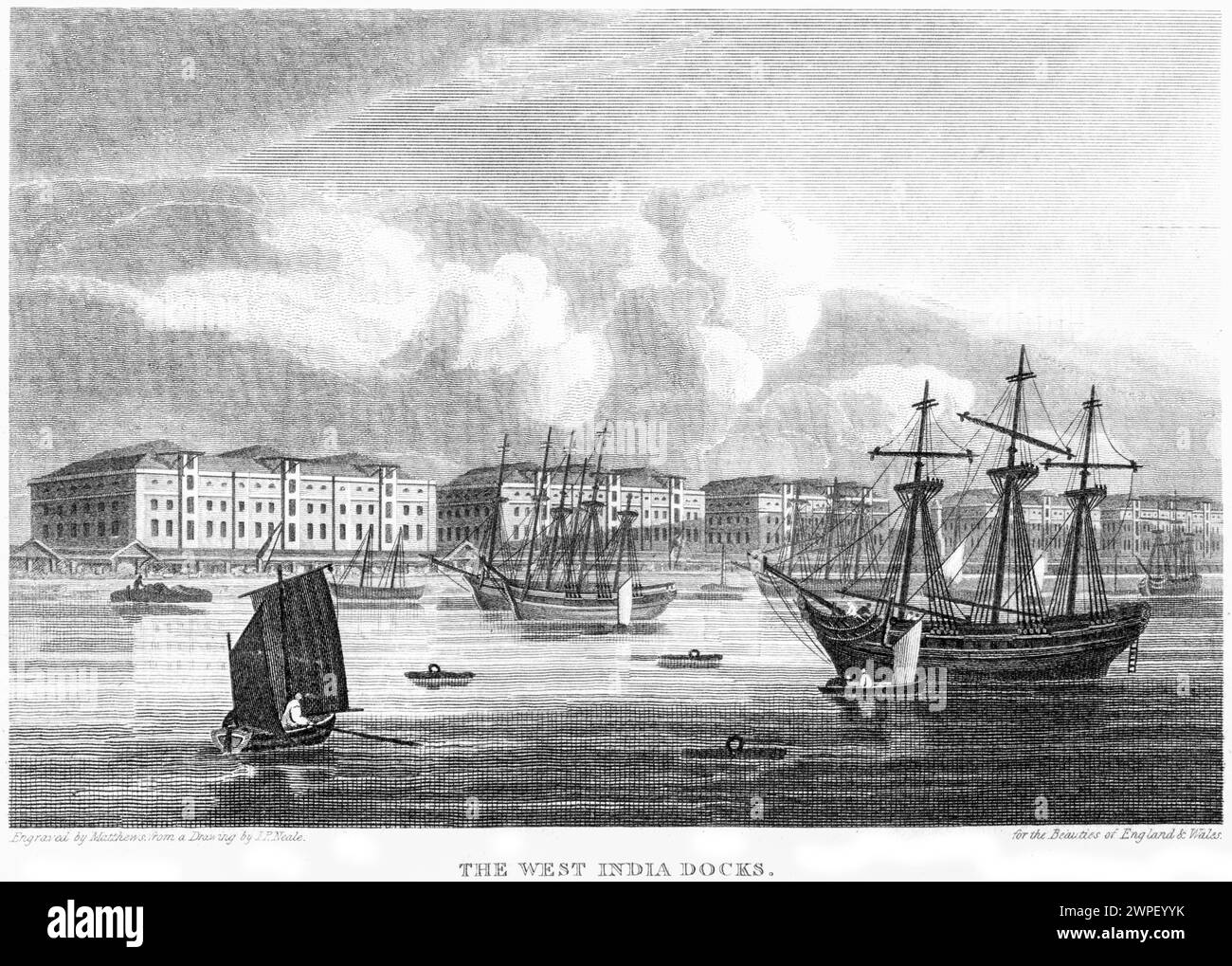 An engraving entitled The West India Docks (now Canary Wharf) London UK scanned at high resolution from a book published around 1815. Stock Photo