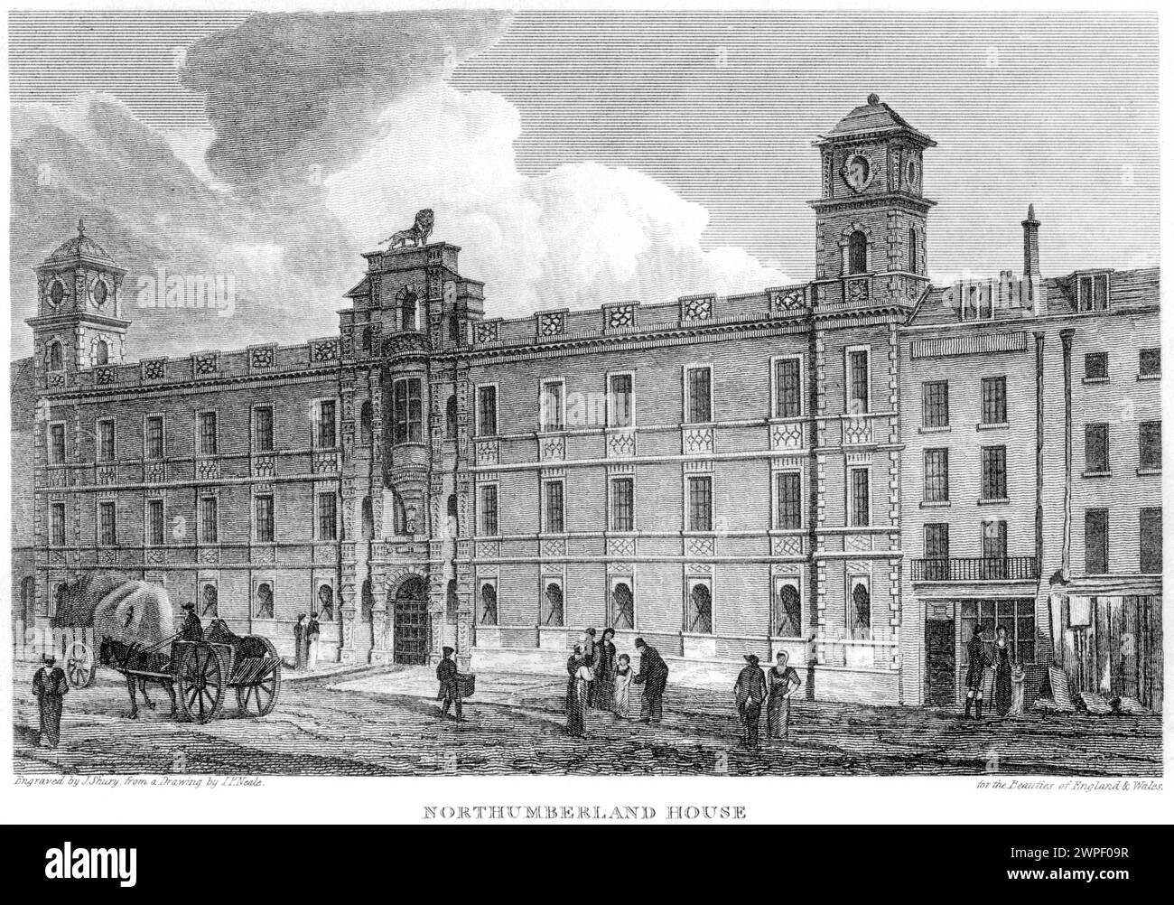 An engraving entitled Northumberland House, London UK scanned at high resolution from a book published around 1815. Stock Photo