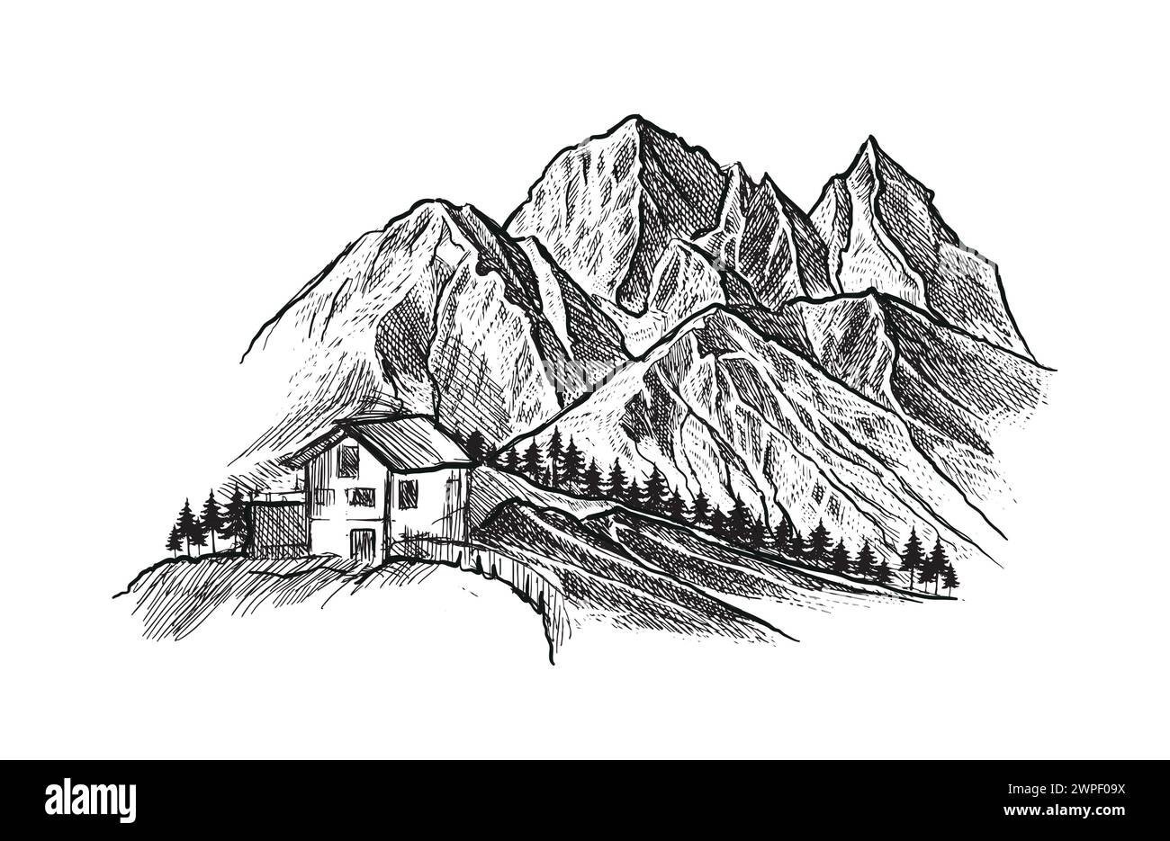 Mountain with pine trees and landscape black on white background. Hand drawn rocky peaks in sketch style. Vector illustration. Stock Vector