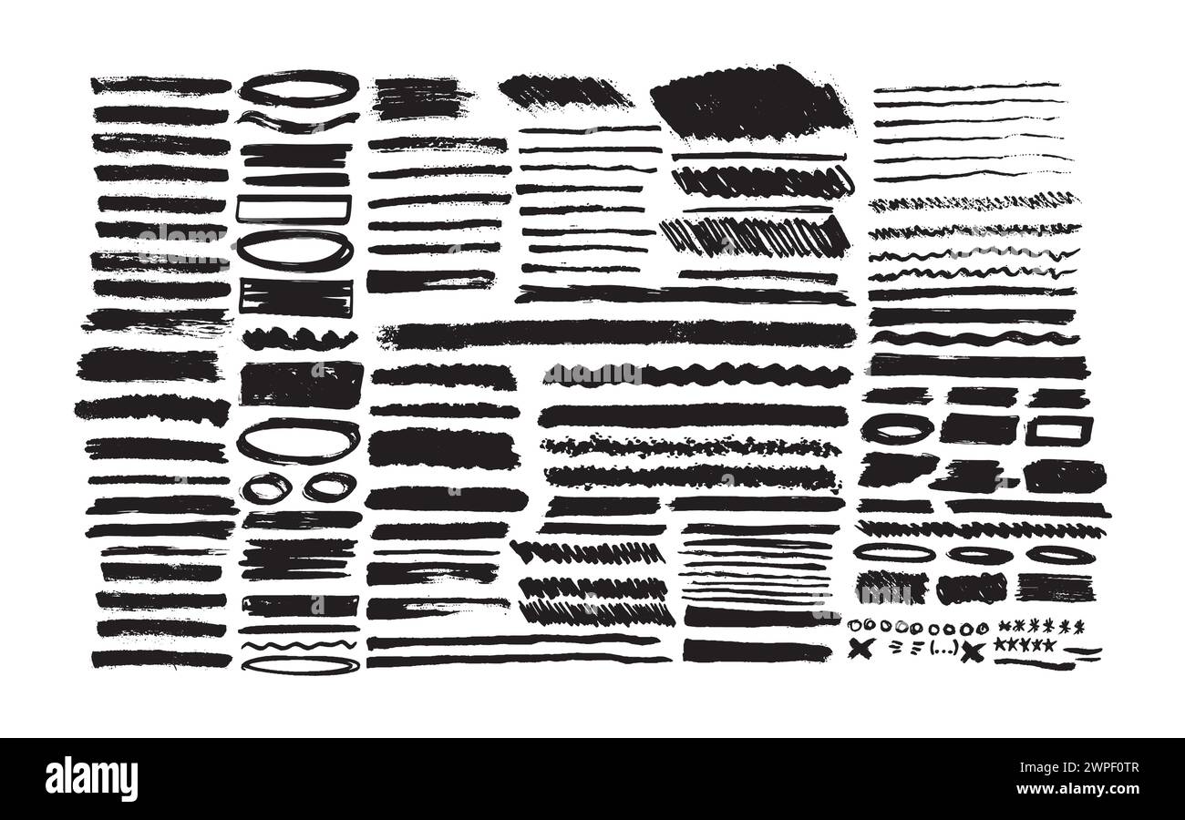 Set of black paint, ink brush strokes isolated on white background. Grunge graphic elements. Dirty texture banners. Ink splatters. Vector illustration Stock Vector