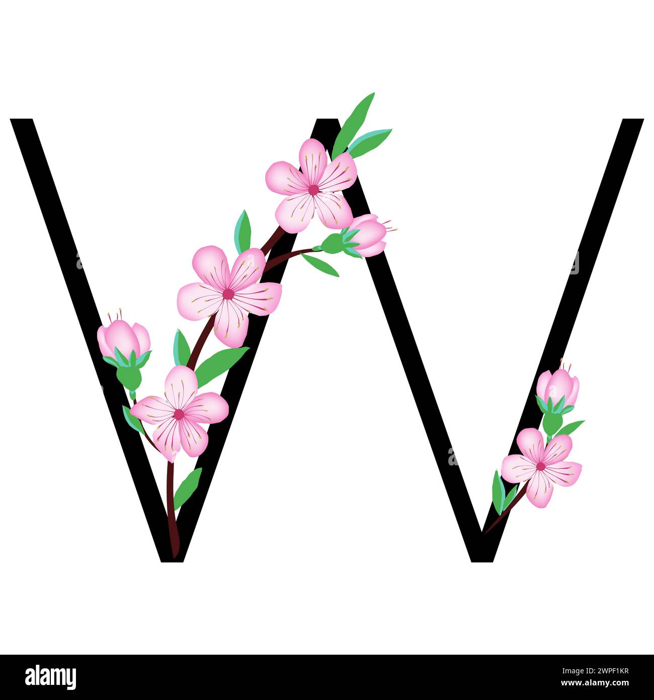 Sakura blossom pink little flower alphabet for design of card or invitation. Vector illustrations, isolated on white background for spring cherry flor Stock Vector