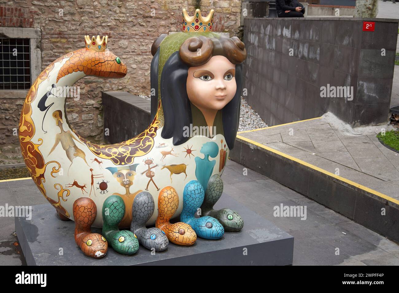 Uniquely Painted Sahmeran, Serpent Goddess, Statues in Istanbul Stock Photo