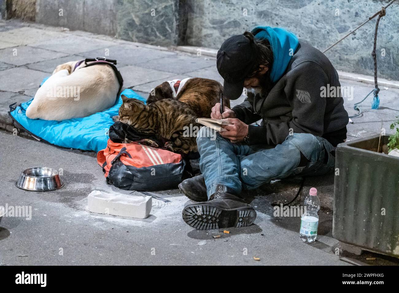 Catania, Italy - March 2, 2024: Homeless man on the street with his animals, dogs and cat in the city of Catania in Italy *** Obdachloser am auf der Straße mit seinen Tieren, Hunde und Katze in der Stadt Catania in Italien Stock Photo
