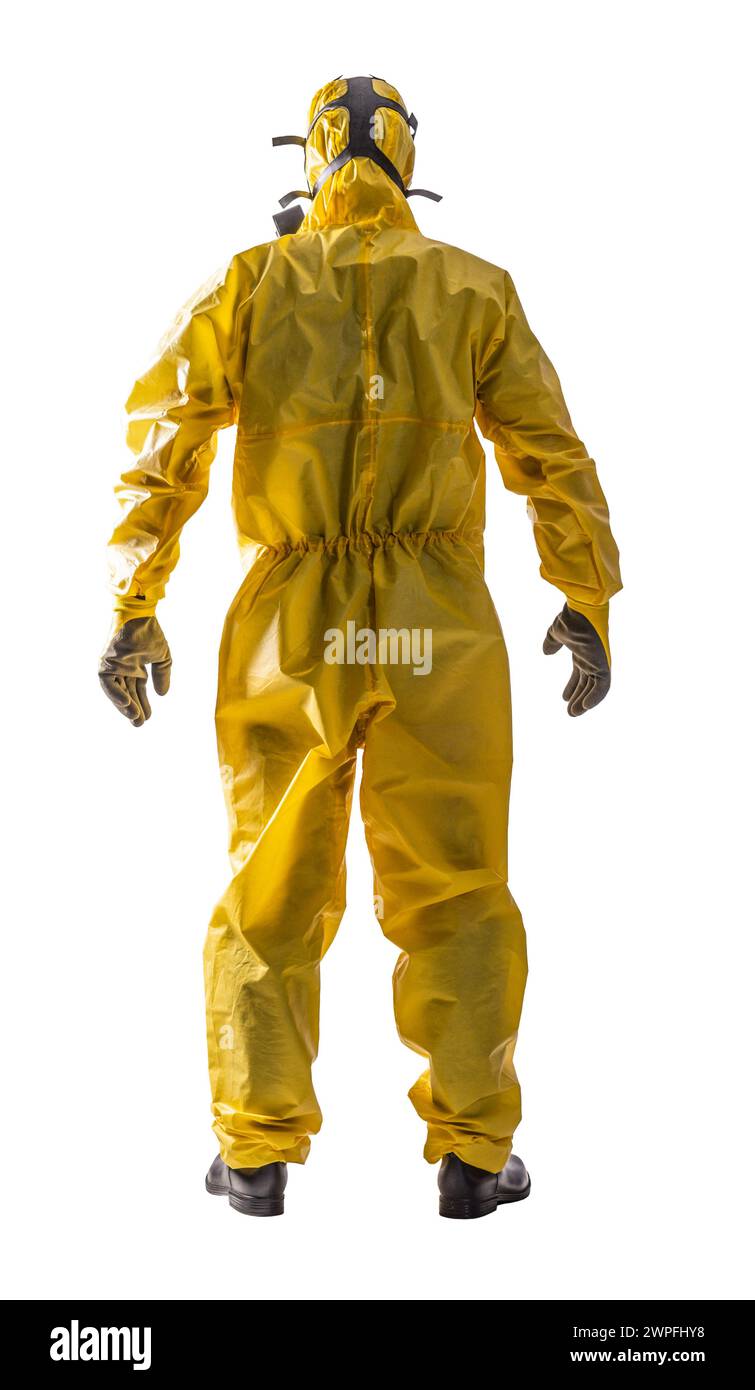 Rear view of a person dressed in a yellow hazmat suit, isolated on white Stock Photo