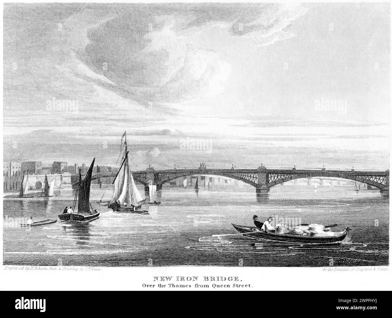 An engraving entitled New Iron Bridge Over the Thames from Queen Street, London (Southwark Bridge) UK scanned at high resolution from a book  of 1815. Stock Photo