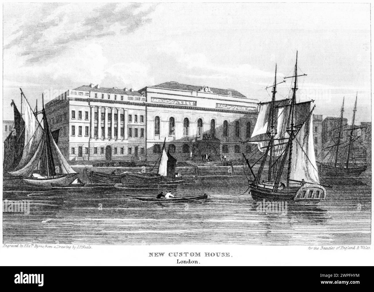 An engraving entitled New Custom House, London (Southwark Bridge) UK scanned at high resolution from a book published around 1815. Stock Photo