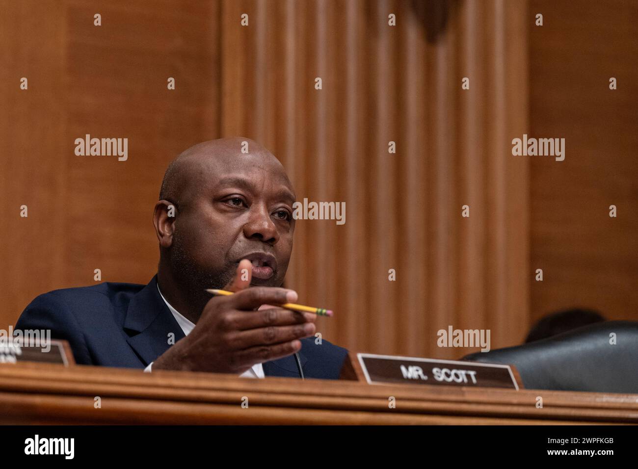 Washington, USA. 07th Mar, 2024. United States Senator Tim Scott (Republican of South Carolina), Ranking Member, US Senate Committee on Banking, Housing, and Urban Affairs speaks at the hearing of Chair of the Federal Reserve of the United States Jerome H Powell as he testifies before the United States Senate Committee on Banking, Housing, and Urban Affairs in the Dirksen Senate office building in Washington, DC on March 7, 2024. (Photo by Annabelle Gordon/Sipa USA) Credit: Sipa USA/Alamy Live News Stock Photo