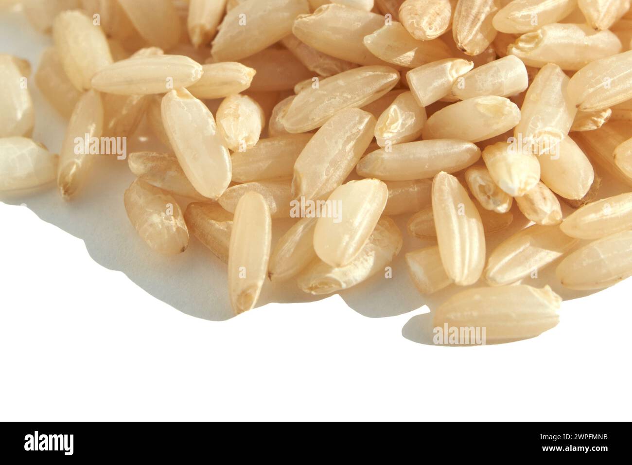 A background of dry brown rice grains showcases the integral, uncooked