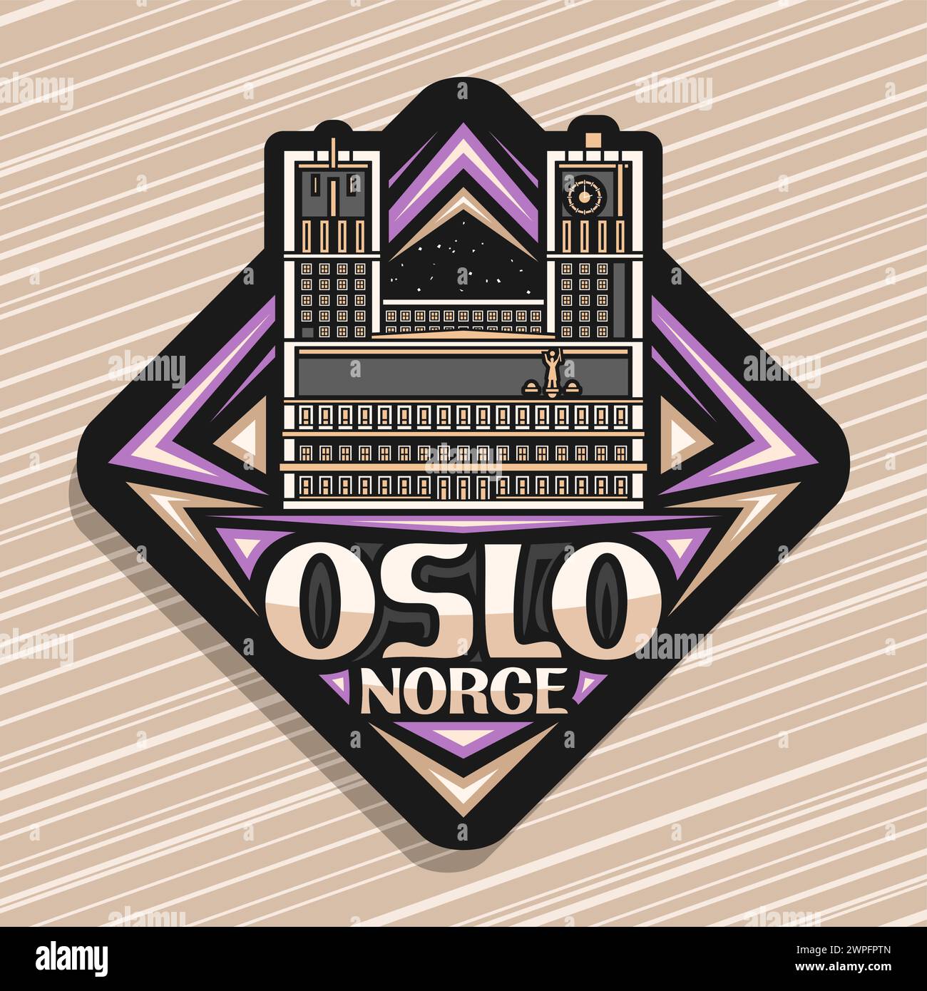 Vector logo for Oslo, dark rhombus road sign with line illustration of famous oslo city hall on nighttime sky background, decorative refrigerator magn Stock Vector