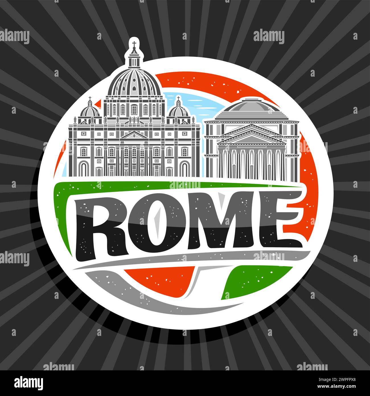 Vector logo for Rome, white decorative tag with outline illustration of rome historical city scape on day sky background, art design refrigerator magn Stock Vector